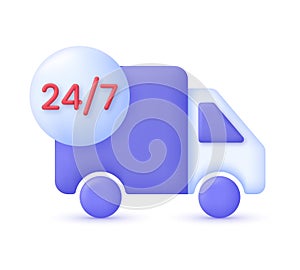 3D 24,7 hours delivery illustration. Express delivery, shipping, truck icon, quick move. Fast delivery concept