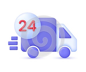 3D 24,7 hours delivery illustration. Express delivery, shipping, truck icon, quick move. Fast delivery concept.