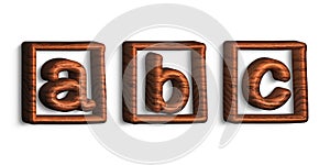 3D ABC Lowercase Letters Inside Box Made of Wood on a White Background