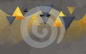 3d abstarct modern mural wallpaper. golden lines shapes and triangles on black gray background