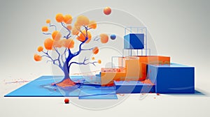 3d Abstract Art: Tree And Cubes In Orange And Blue