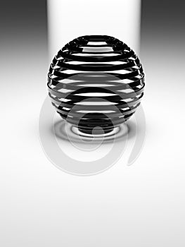 3d abstract black plastic ribbed sphere on white reflective flat floor with light behind