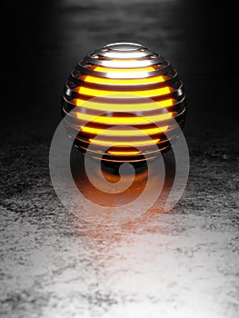 3d abstract metallic ribbed sphere with glowing orange centre on metallic flat floor with light behind