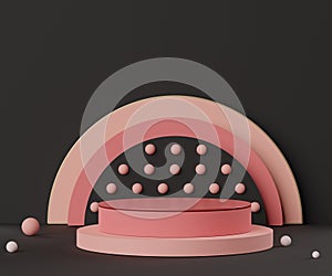 3d abstract minimalist geometric forms. Luxury podium display in  Black Pink coral color theme. Fashion show stage,pedestal,