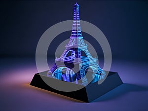 3D Abstract Model of the Eiffel Tower with Holographic Design and Glowing Lights.
