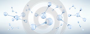 3D abstract molecules or atoms on light blue background. Concept of biochemical, pharmaceutical, beauty, medical. Science or