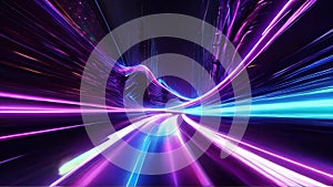 3d abstract neon background space and time strings, highway night lights.