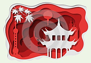 3d abstract paper cut illlustration of Asian famous destinatons and buildings. Vector template in carving art style.