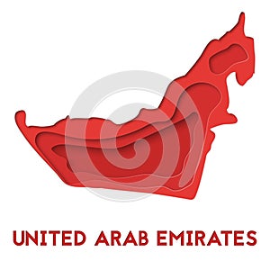 3d abstract paper cut illlustration of United Arab Emirates red map. Vector travel template in carving art style.