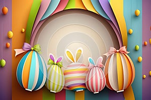 3d abstract paper cut illustration of colorful easter rabbit, grass, flowers and blue egg shape. Happy easter greeting card