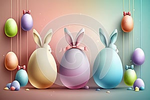 3d abstract paper cut illustration of colorful easter rabbit, grass, flowers and blue egg shape. Happy easter greeting card