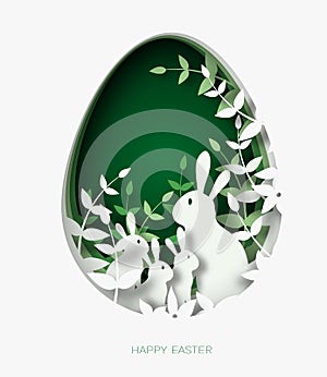 3d abstract paper cut illustration of colorful paper art easter rabbit family, grass, flowers and green egg shape.