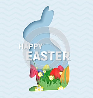 3d abstract paper cut illustration of colorful paper art easter rabbit, grass, flowers and egg hunt.