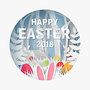 3d abstract paper cut illustration of colorful paper art easter rabbit, grass, flowers and egg hunt.