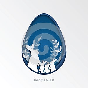 3d abstract paper cut illustration of colorful rabbit family, grass, and blue egg shape.