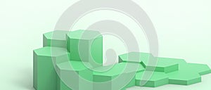 3D Abstract podium showcases green hexagonal geometric shapes in a green background in a Promotional idea for businesses