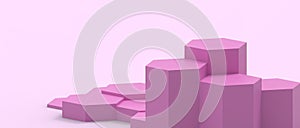 3D Abstract podium showcases purple hexagonal geometric shapes in a purple background in a Online sales promotion ideas