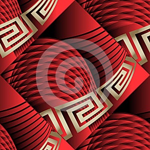 3d abstract radial intricate lines geometric greek vector seamless pattern. Ornamental textured tiled red background. Surface