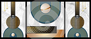 3d abstract wall frame decor. golden lines, circles and shpere in white marble in background