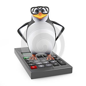 3d Academic penguin standing on a calculator