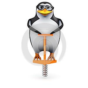 3d Academic penguin travels on a pogo stick