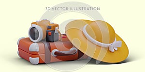 3D accessories of vacationer. Bright vector concept for advertising travel applications