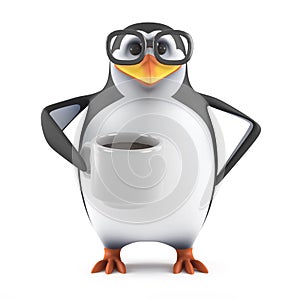 3d Acedemic penguin drinks a nice cup of coffee