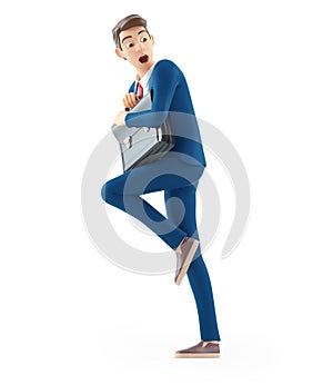 3d afraid cartoon businessman holding briefcase
