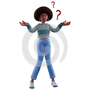 3D Afro Girl Cartoon Illustration having many questions