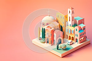 3D AI render of beautiful little town in pastel colors and copy space.
