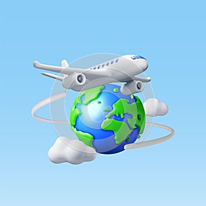 3D Airplane in Clouds and Globe Isolated