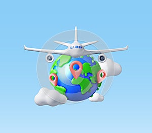 3D Airplane in Clouds and Globe Isolated