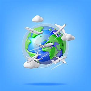 3D Airplane in Clouds and Globe Isolated