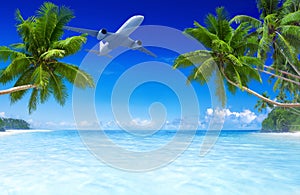 3D airplane flying over a tropical beach