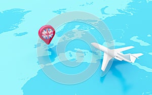 3D Airplane and map pointer with flag of united kingdom.