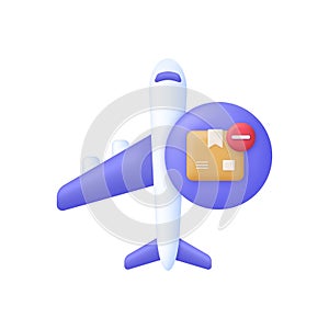 3D Airplane with parcel and minus icon. Delivery concept. Remove icon. Flight transport symbol. Travel concept