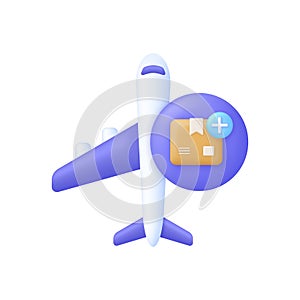 3D Airplane with parcel and plus icon. Delivery concept. Add icon. Flight transport symbol. Travel concept. T