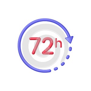 3D alarm clock 72 hours icon. Support service, working hours, delivery concept. Passage of time.