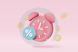 3d alarm clock is alerting with cion floating around and promotion tags for discount money concept. Reminder promo for shopping