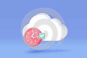 3d alarm clock icon for success cloud storage. Pink time watch minimal design concept of time, service and support around clock.