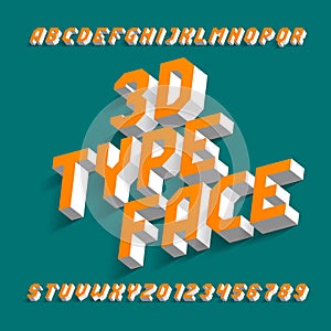 3D alphabet font. Simple three-dimensional effect geometric letters and numbers with shadow.