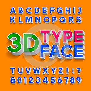 3D alphabet font. Three-dimensional typescript. Letters, numbers and symbols with shadow.