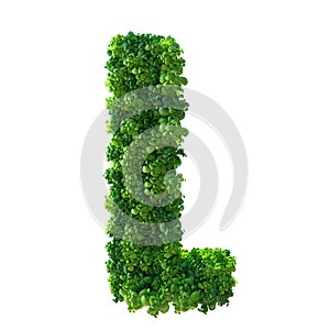 3d alphabet letter L. Green plant, leaves, grass, moss, basil, mint. Isolated on a white background with Clipping Path. 3d