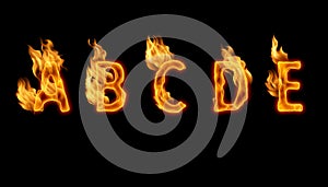 3d alphabet, letters made of fire on black background, ABCDEF