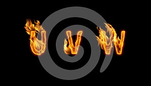 3d alphabet, letters made of fire on black background, UVW