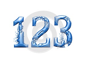 3d alphabet, numbers set, 3d illustration with water effect
