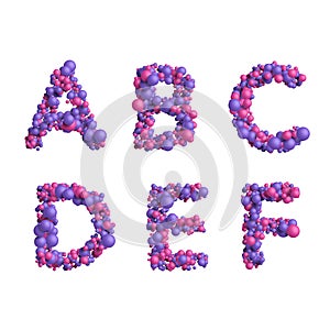 3d alphabet, uppercase letters made of multicolored little spheres, 3d render, A B C D E F