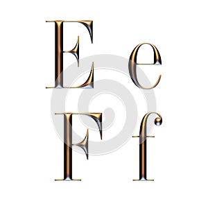 3d alphabet, uppercase and lowercase serif font, golden letters, 3d render, E F