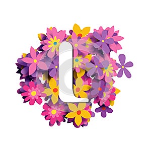 3d alphabet, White letter L on flowers background, 3d illustration, logo design