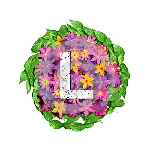 3d alphabet, White letter L on flowers and leaves background, 3d illustration, logo design